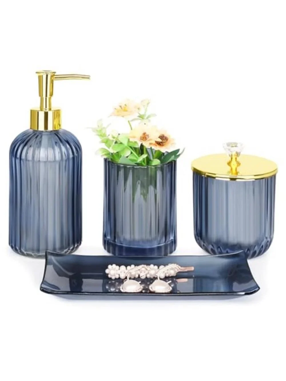 Glass Bathroom Accessories Set, Blue Bathroom Set, 4 Pcs